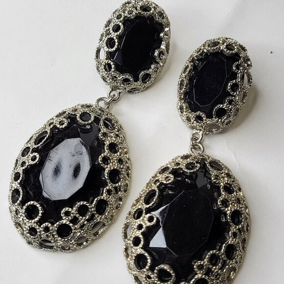 Black and Silver Earrings Chandelier Earrings Statement Earrings Filigree Silver - Picture 2 of 11